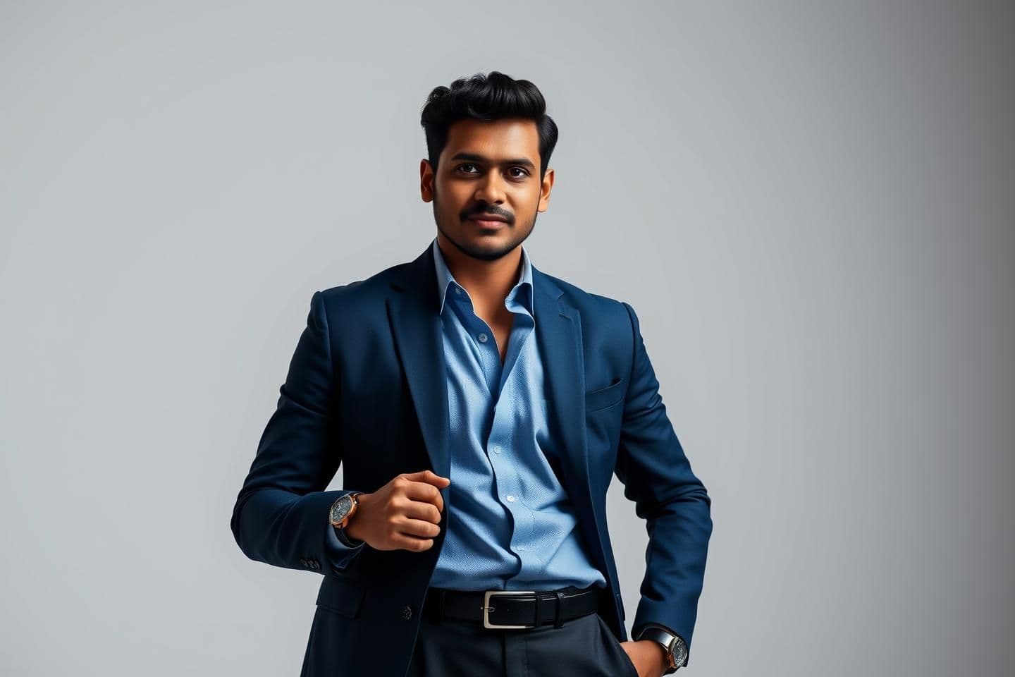 AI generated: Create an ultra-realistic professional photo shoot with soft lighting. An Indian brown skin men with navy blue blazer, sky blue shirt and black trouser with black formal shoes and