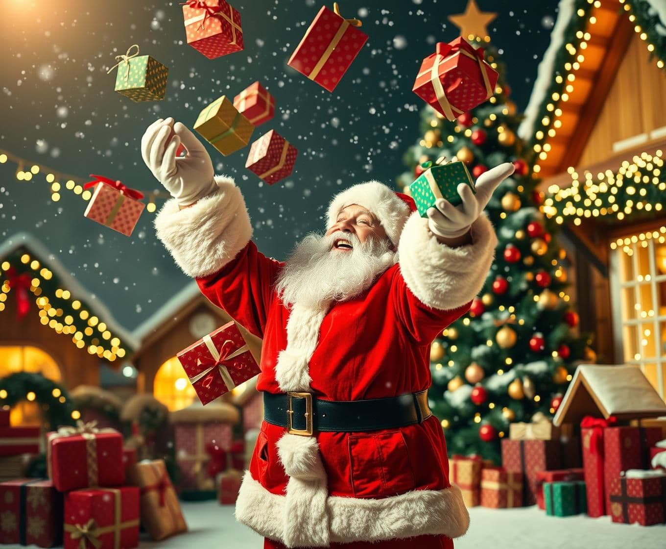 AI generated: A festive Christmas scene showing Santa Claus in his classic red suit joyfully spreading and tossing wrapped gifts around him. Colorful present boxes fly through the air as Santa l