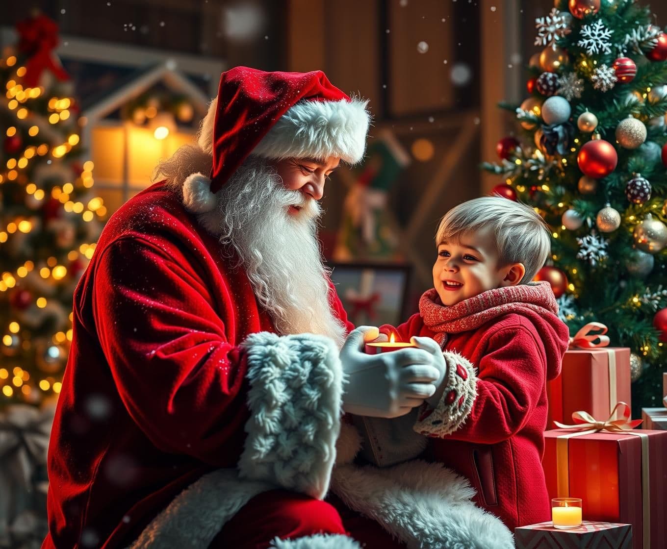 AI generated: A realistic Christmas scene featuring Santa Claus in a classic red suit with a white beard, warmly smiling as he gives a gift to a young child. The child looks happy and excited, w
