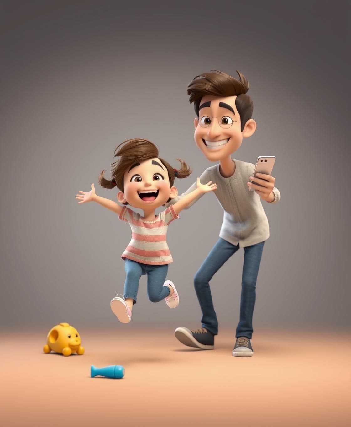 AI generated: Create a 3D-style animated image of a small girl running joyfully toward her father with open arms. The father bends slightly forward with a big smile, ready to lift her, while sti