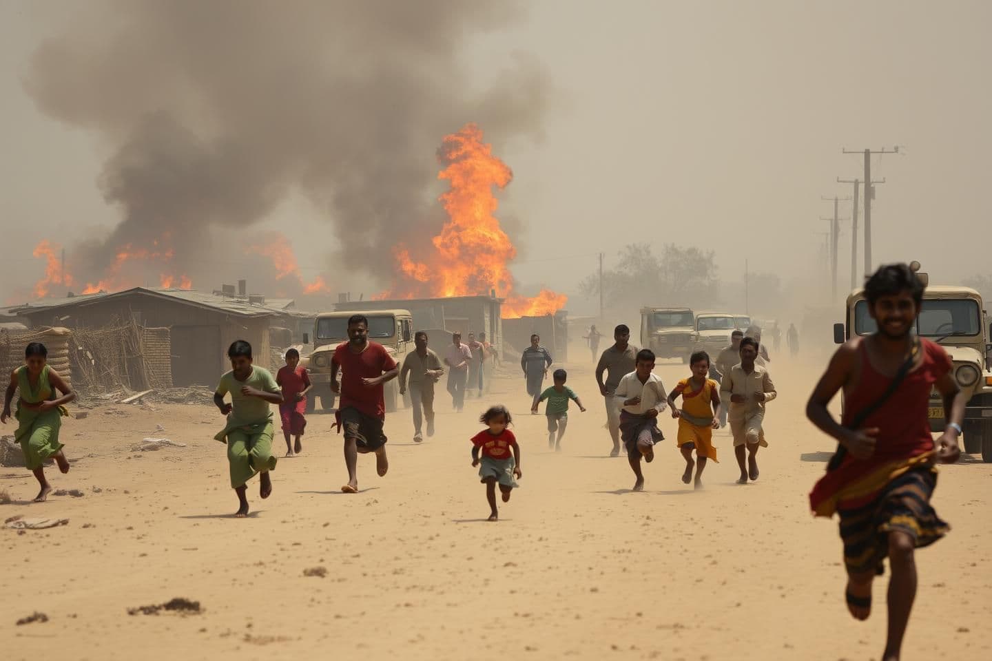 AI generated: in a dry area 246 north indian families are migrating and running looks terrified and crying they are running . as poor houses in the background are set on fire. background is fu
