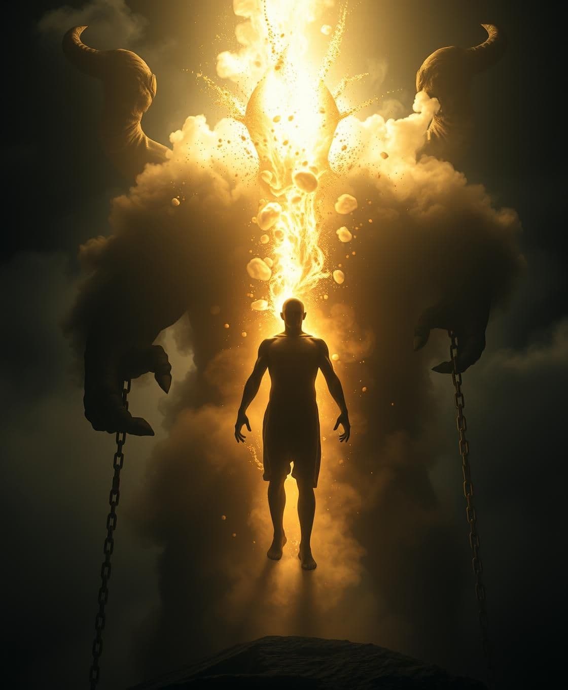 AI generated: Show a human surrounded by rising inner light, golden-white energy bursting from within, dissolving a massive shadow demon made of smoke and darkness. The demon’s body breaking apa