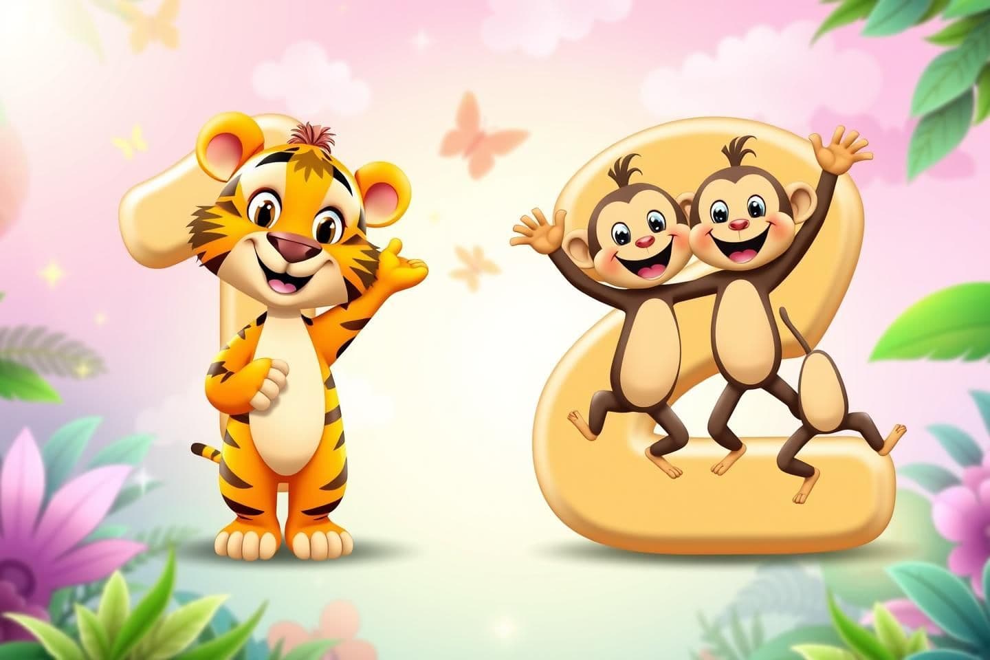 AI generated: "Ultra-cute kids thumbnail showing big bold letters ‘1’ and ‘2’.
Letter ‘1’ (One Tiger) on the left — a friendly smiling cartoon tiger standing upright, waving, bright orange, big