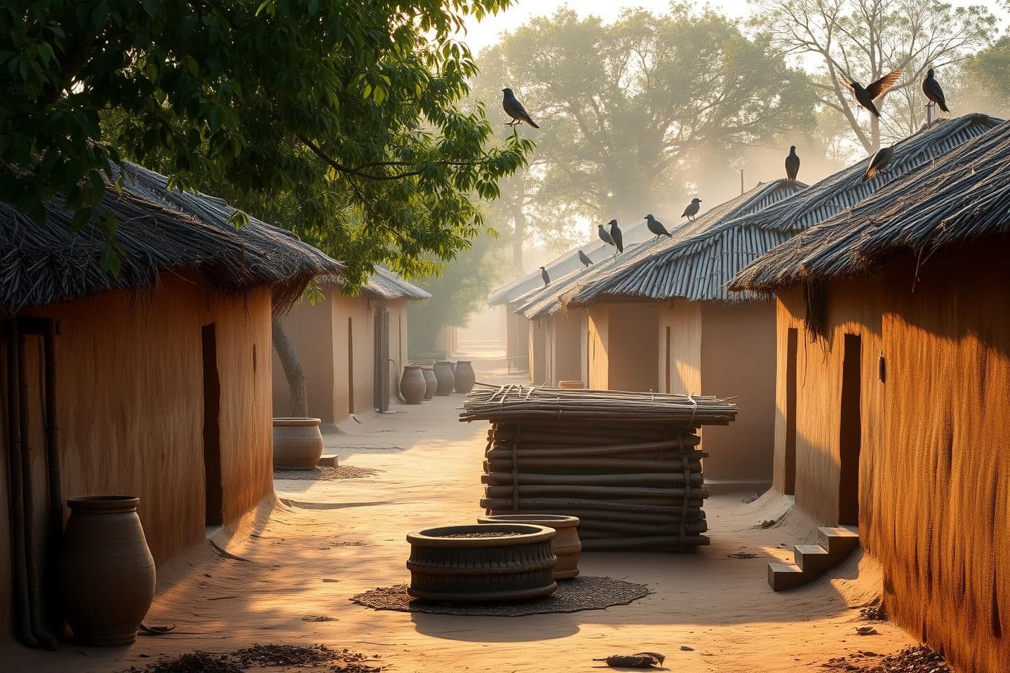 AI generated: "Peaceful early morning in an Indian rural village, soft golden sunlight, mud houses with thatched roofs, light mist in the air, clay pots near the walls, wooden charpai, narrow du