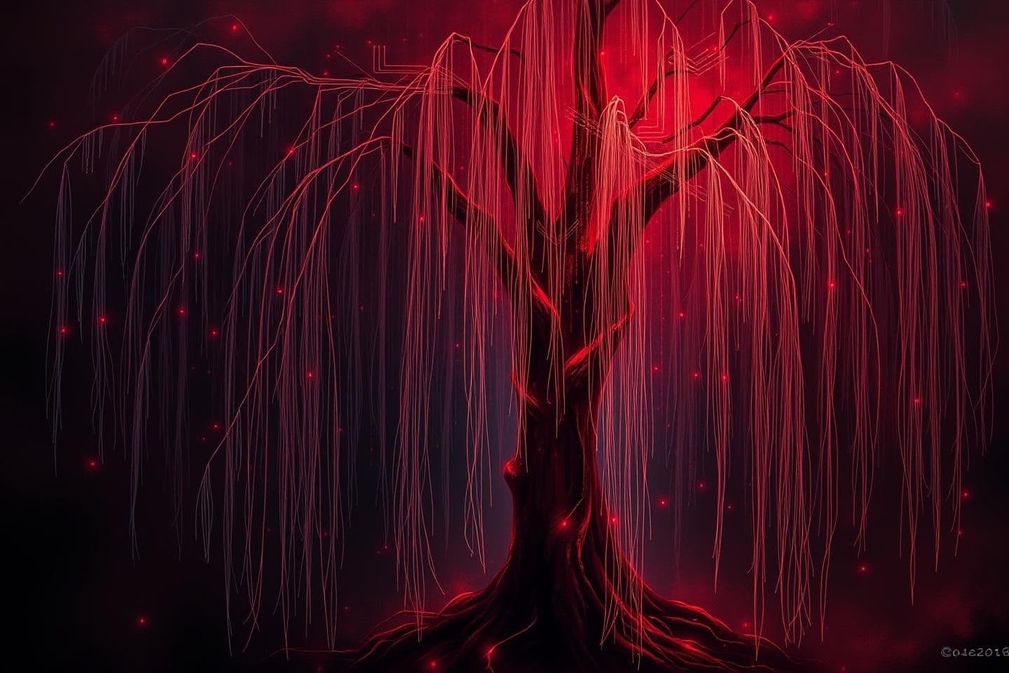 AI generated: mystical forest A professional digital painting for a profile image, showing a weeping willow tree whose long, flowing branches subtly transform into computer circuits, electronic