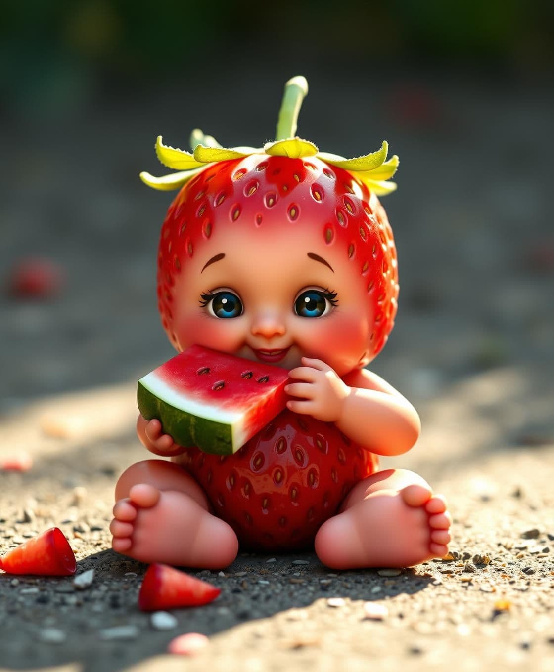 AI generated: A cute strawberry baby boy sitting like a human, but his body is shaped like a strawberry. The strawberry has a bright red color with tiny seeds and a green leafy top like hair. Th