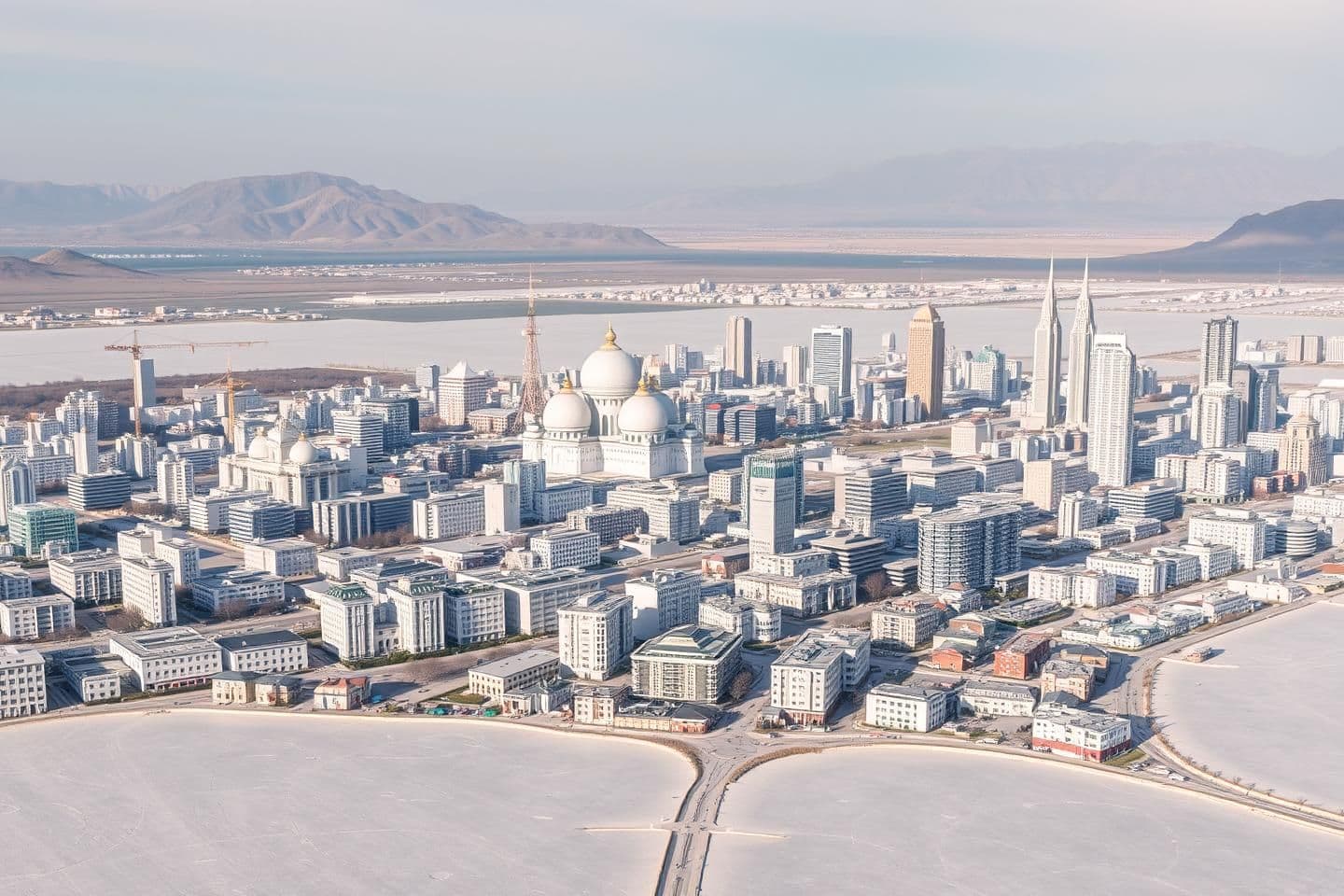 AI generated: Make an image of a massive city in a vast salt flat. This city should have modern buildings with slight hints of traditional Japanese architecture. Make sure it is lively and has a