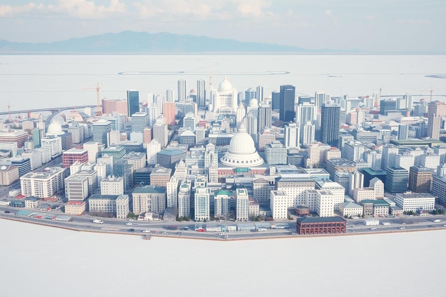 AI generated: Make an image of a massive city in a vast salt flat. This city should have modern buildings with slight hints of traditional Japanese architecture. Make sure it is lively and has a