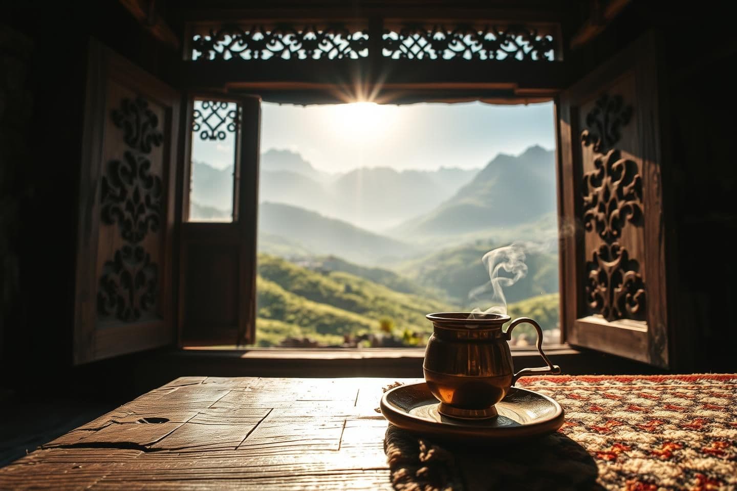 AI generated: POV shot from inside a rustic Tibetan home looking out a carved wooden window frame. In the immediate foreground, a weathered wooden table with a steaming copper cup of butter tea
