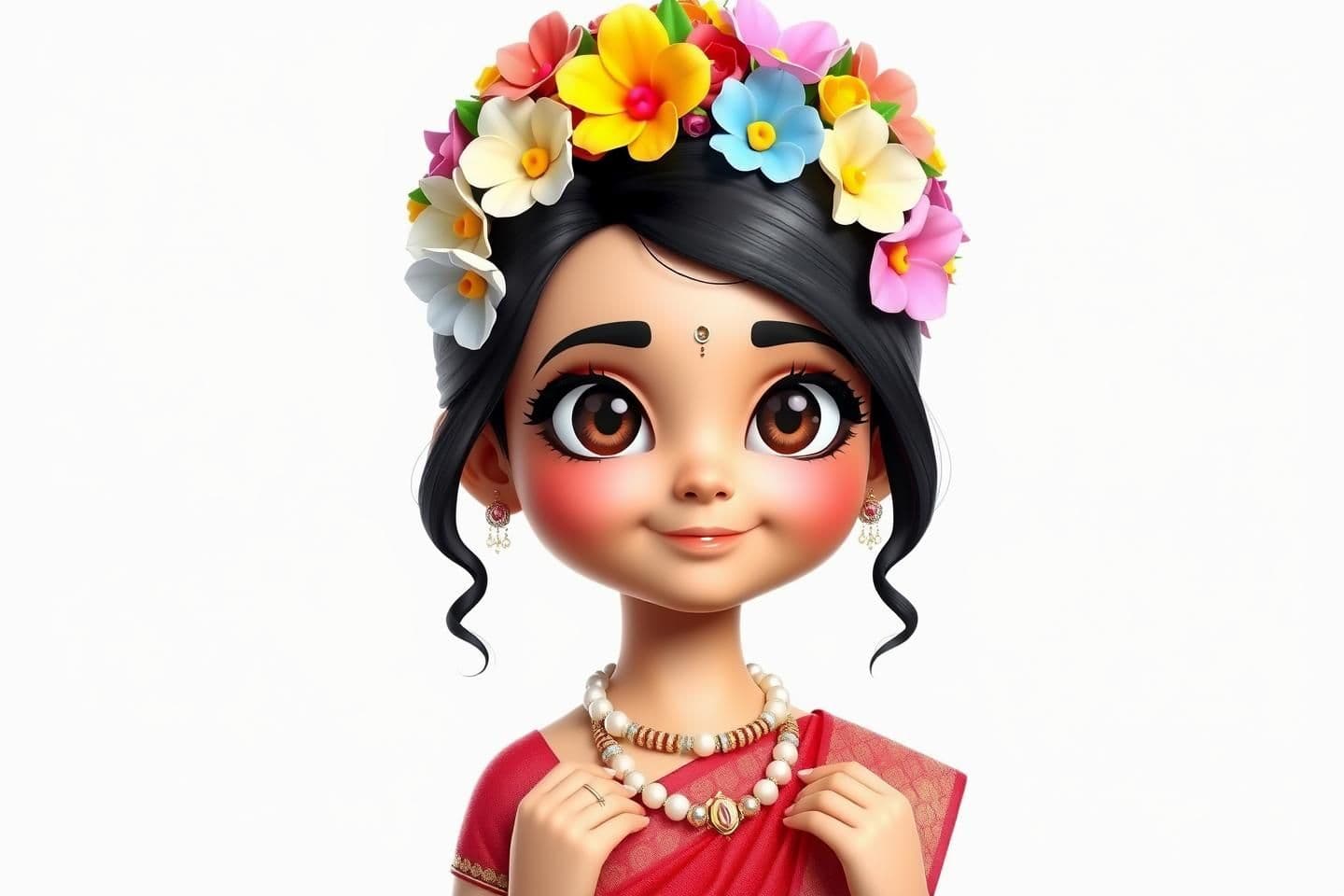 AI generated: A beautiful 10-year-old girl character, no background — pure white or transparent background. She has big, shiny eyes with thick black kajal, soft pink eyeshadow above the eyes, an