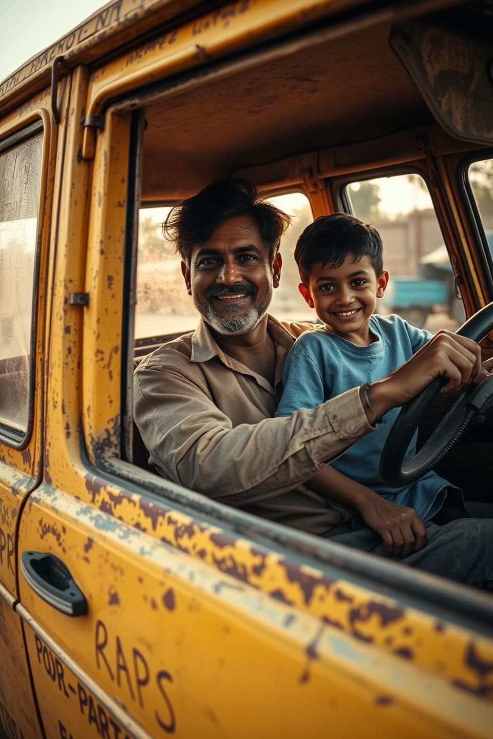 AI generated: Cinematic shot of a very old, rusty, and broken-down faded yellow hatchback, captured from a low three-quarters angle on the passenger side as it drives down a dusty Indian road. T