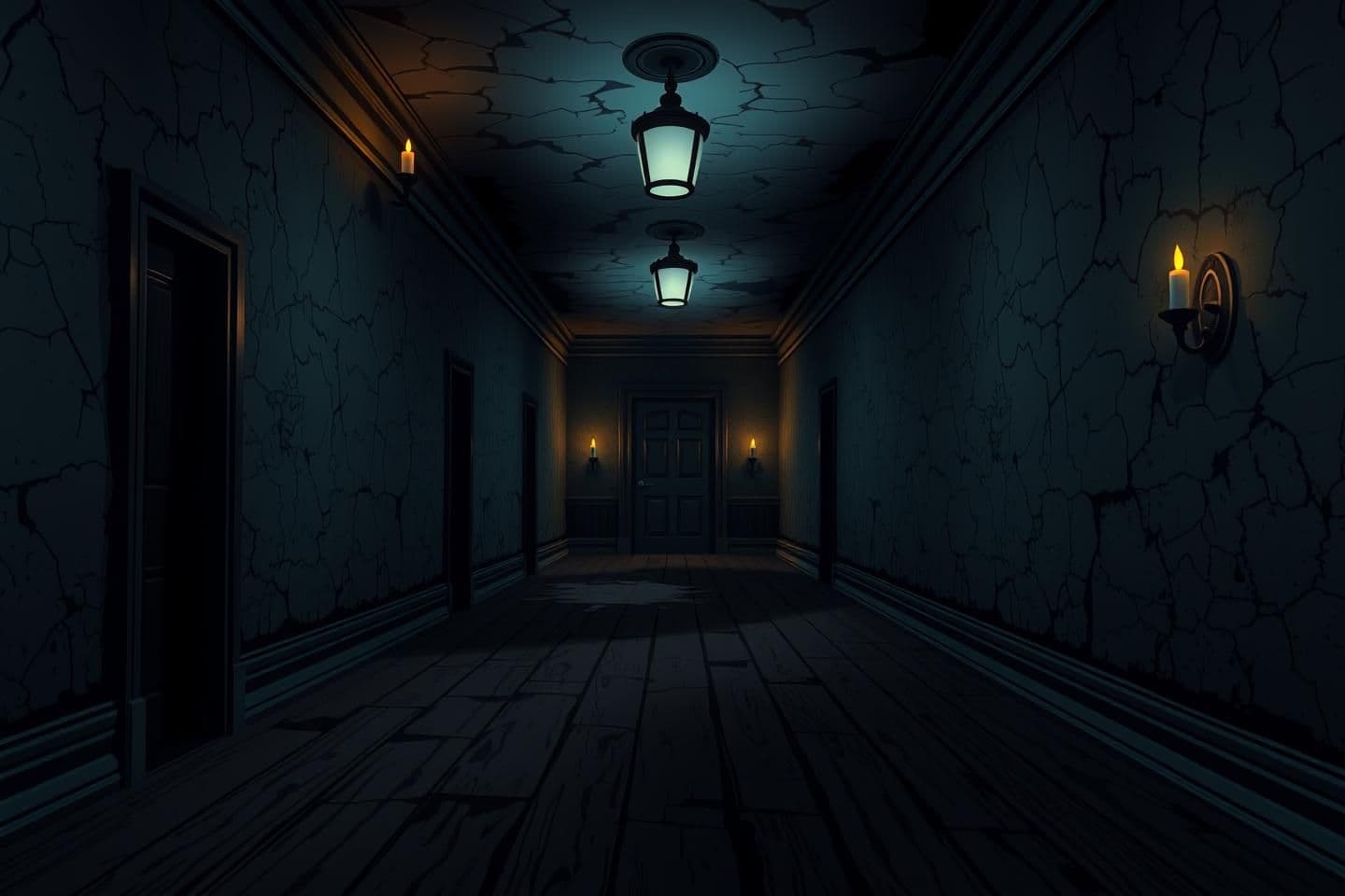 AI generated: Dark narrow hallway inside an old mansion, flickering candlelight and dim ceiling lights, cracked walls with peeling paint, broken floorboards, shadows stretching along the corrido