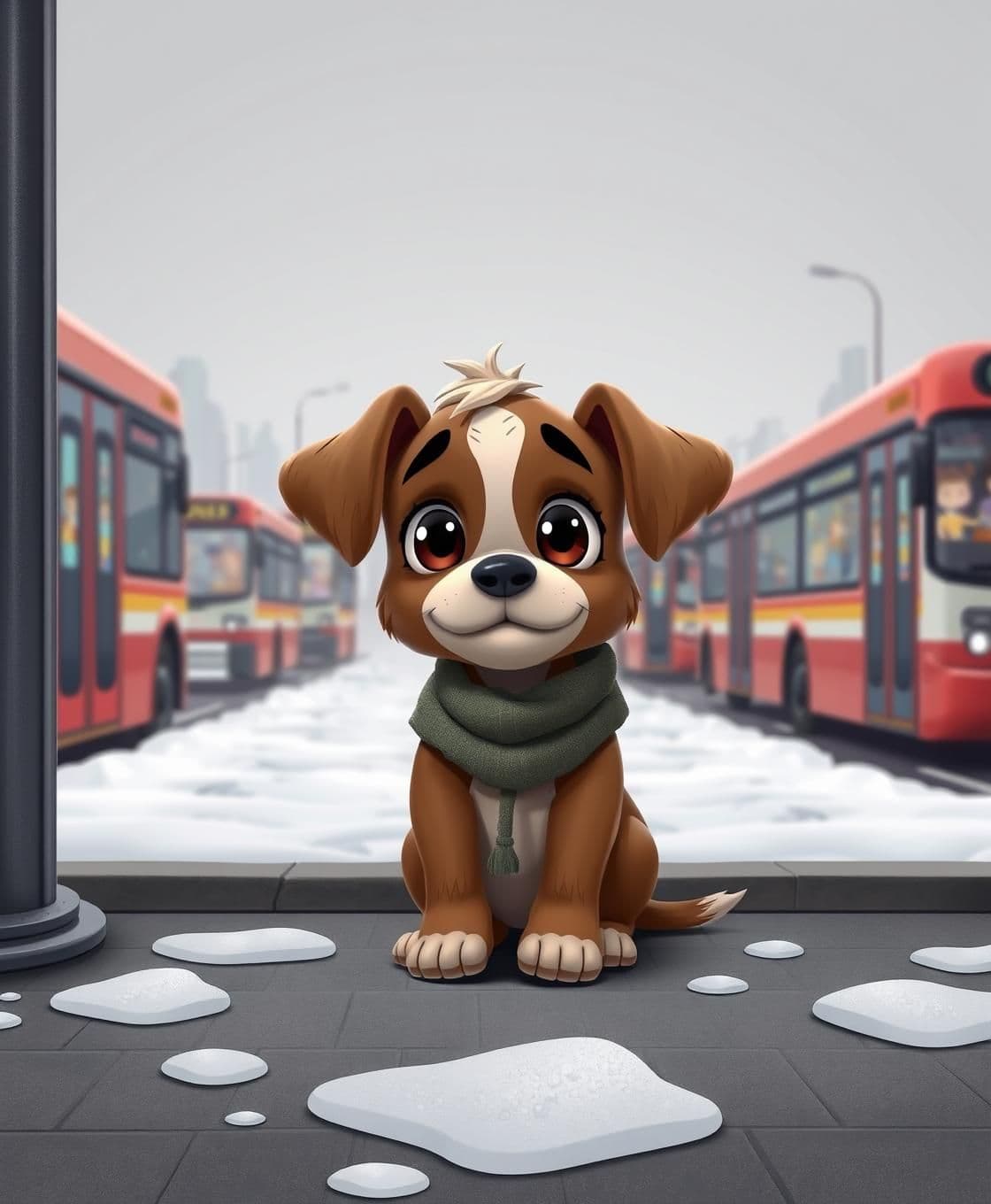 AI generated: A scruffy puppy with large, hopeful eyes and tattered clothes sits alone on a cold bus stop bench. Snow patches dot the ground. Behind, busy city buses pass with joyful cartoon ani