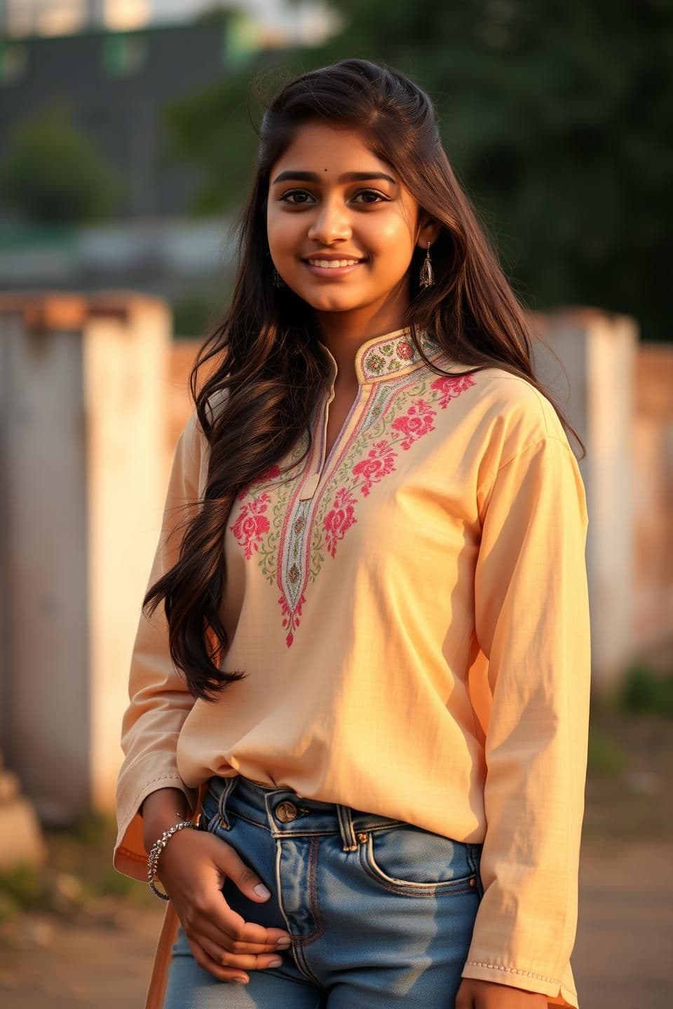 AI generated: photorealistic, golden hour, 4k generate an image of beautiful attractive and gorgeous and beautiful and good looking Maharashtrian indian young 18 year old girl with younger looki
