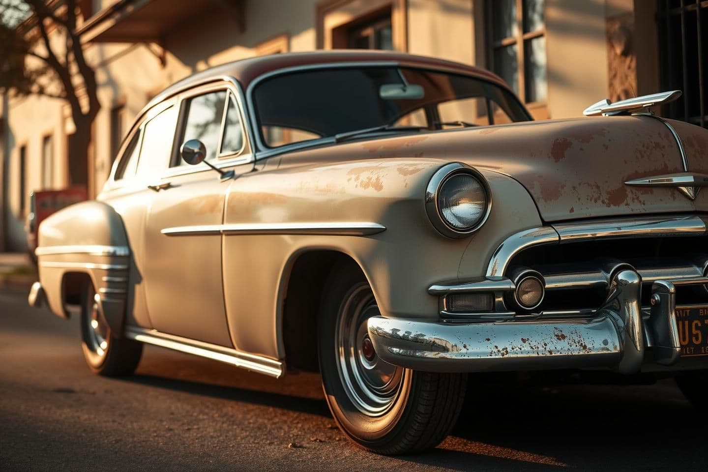 AI generated: “A beautifully aged vintage car parked on a quiet old street, faded paint, light rust texture, chrome details shining softly, nostalgic 1950s vibe, warm golden-hour sunlight, cinem