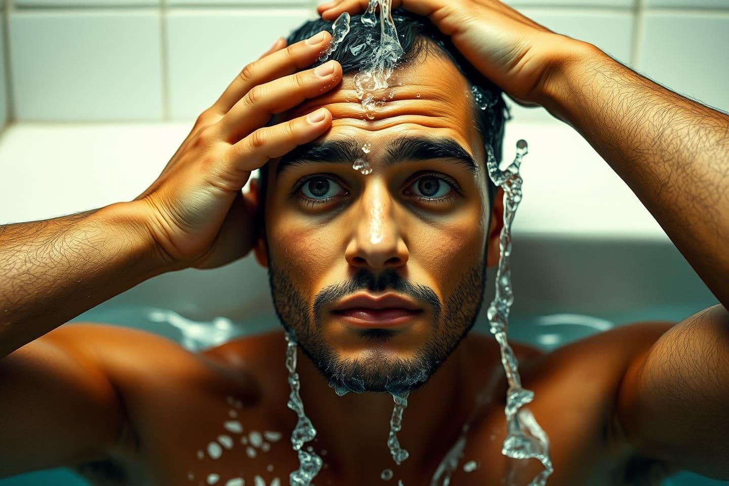 AI generated: Generate an image of a man doing head bath with the water coming from the top, like in his bathroom, and he should put one of hus hand on his head lime washing it, and other hand l