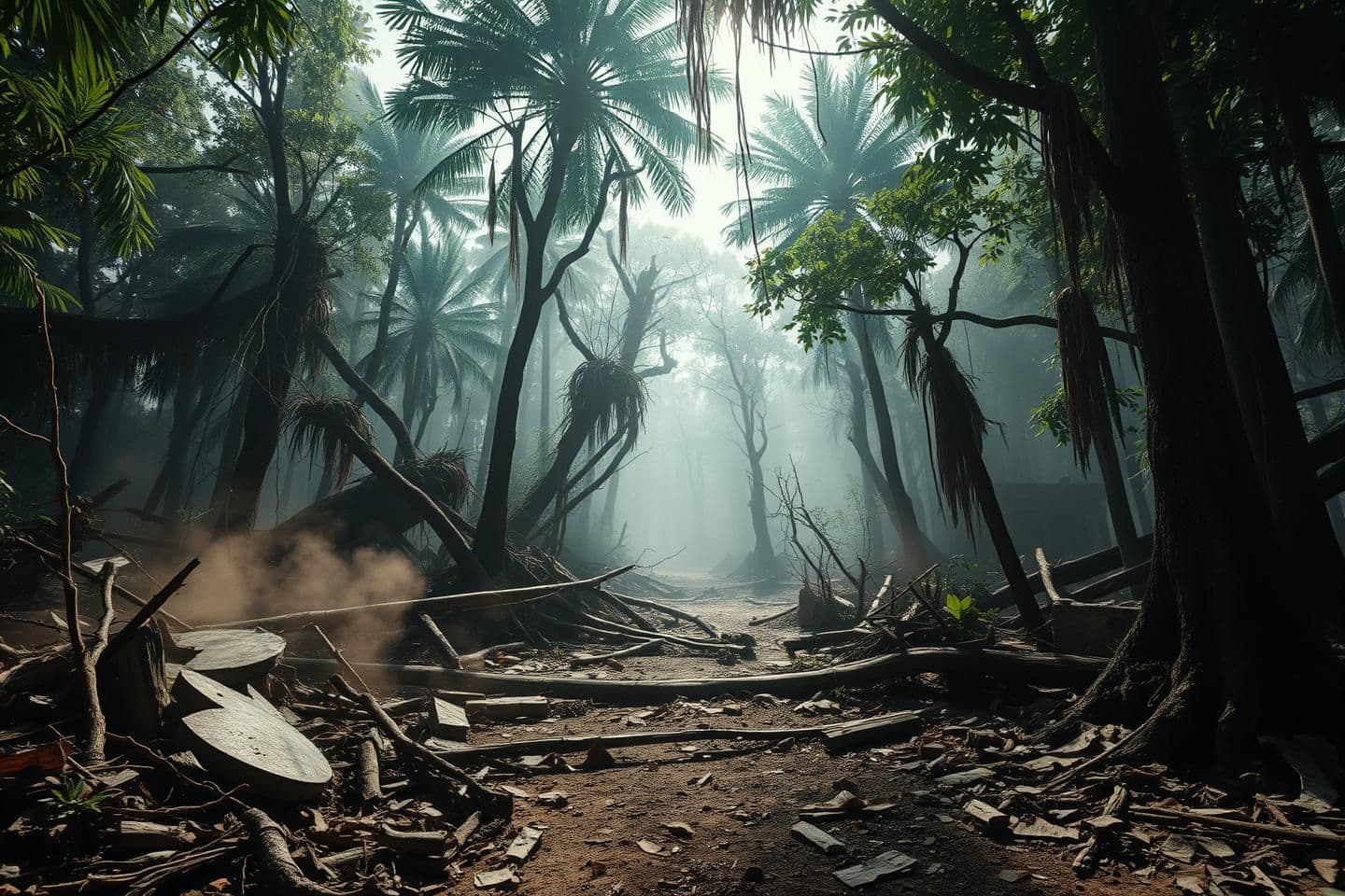AI generated: A chaotic and destroyed jungle during the day, with no people in the scene. The forest is in ruins: broken trees, fallen branches, scattered debris, and dust floating in the air. S