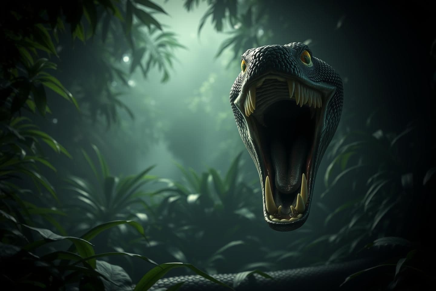 AI generated: Dense dark jungle in the background, full of thick green plants and misty atmosphere. In the center, a very dangerous snake with its mouth wide open, fangs visible, looking extreme