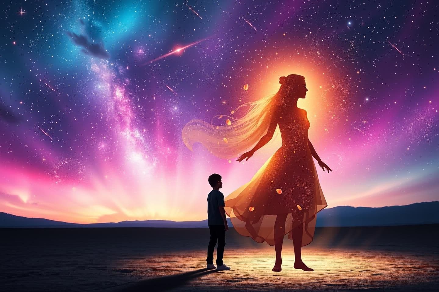 AI generated: “A lonely man in one-sided love stands on a vast, moonlit ground beneath an enchanting night sky shimmering with stars, galaxies, and floating light particles. The background glows