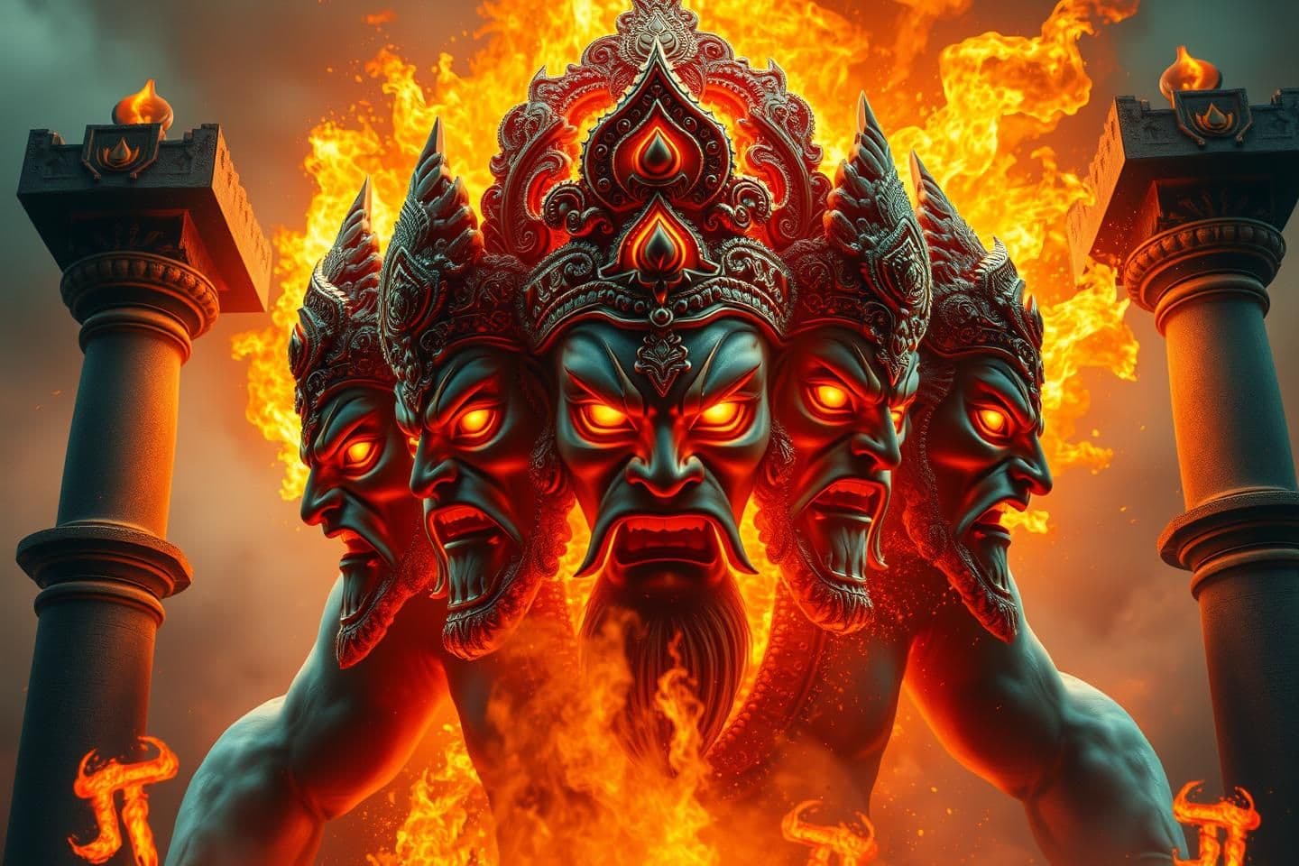 AI generated: Ultra-realistic Panchmukhi Rudra Hanuman emerging from a firestorm.
Five faces (Hanuman, Narasimha, Garuda, Varaha, Hayagriva) all in aggressive battle-ready expressions.
Eyes gl