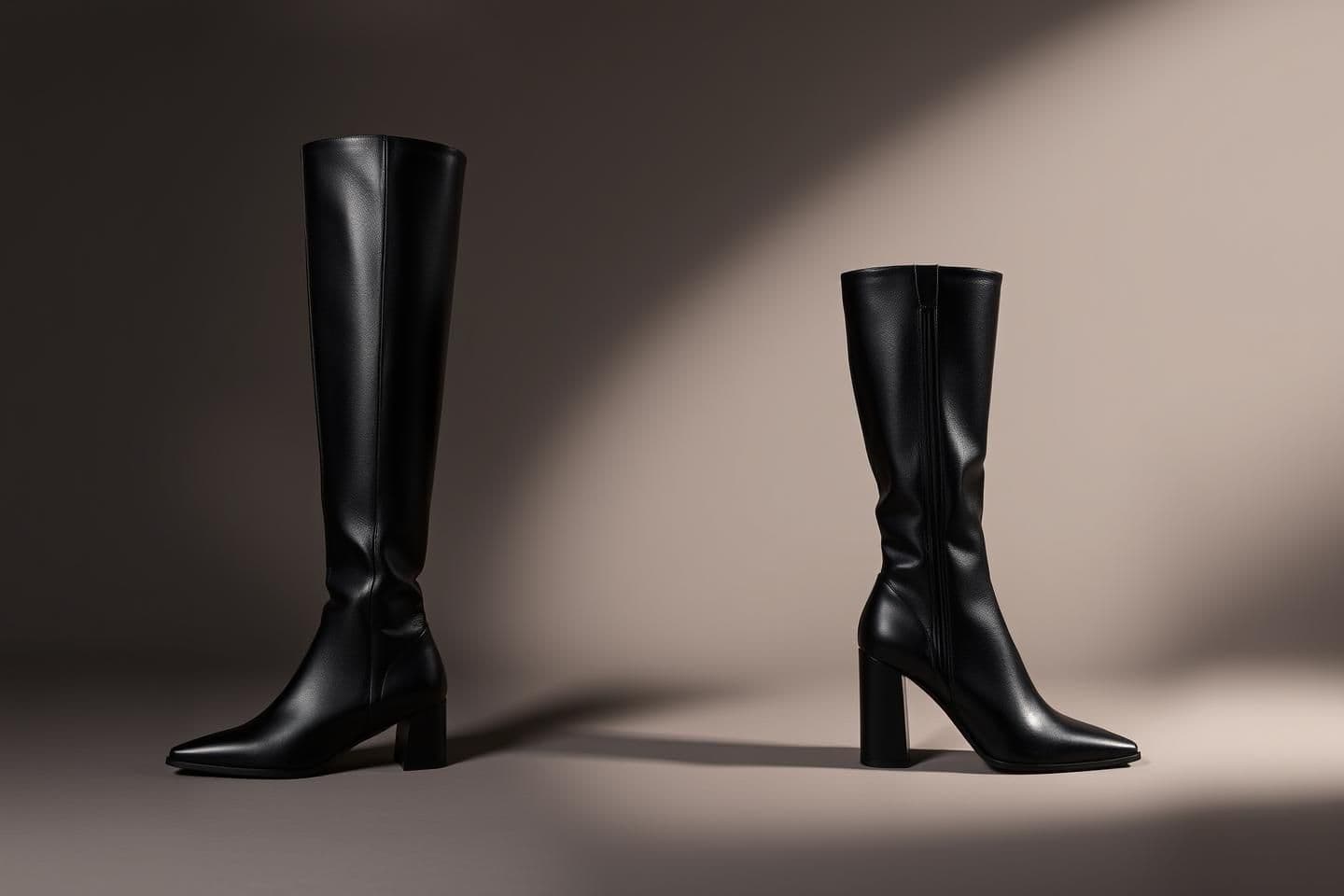 AI generated: “Create a luxurious high-fashion product image of the Notte Boot, an Italian convertible boot that transforms from a knee-high silhouette into a chic ankle boot. Display all config