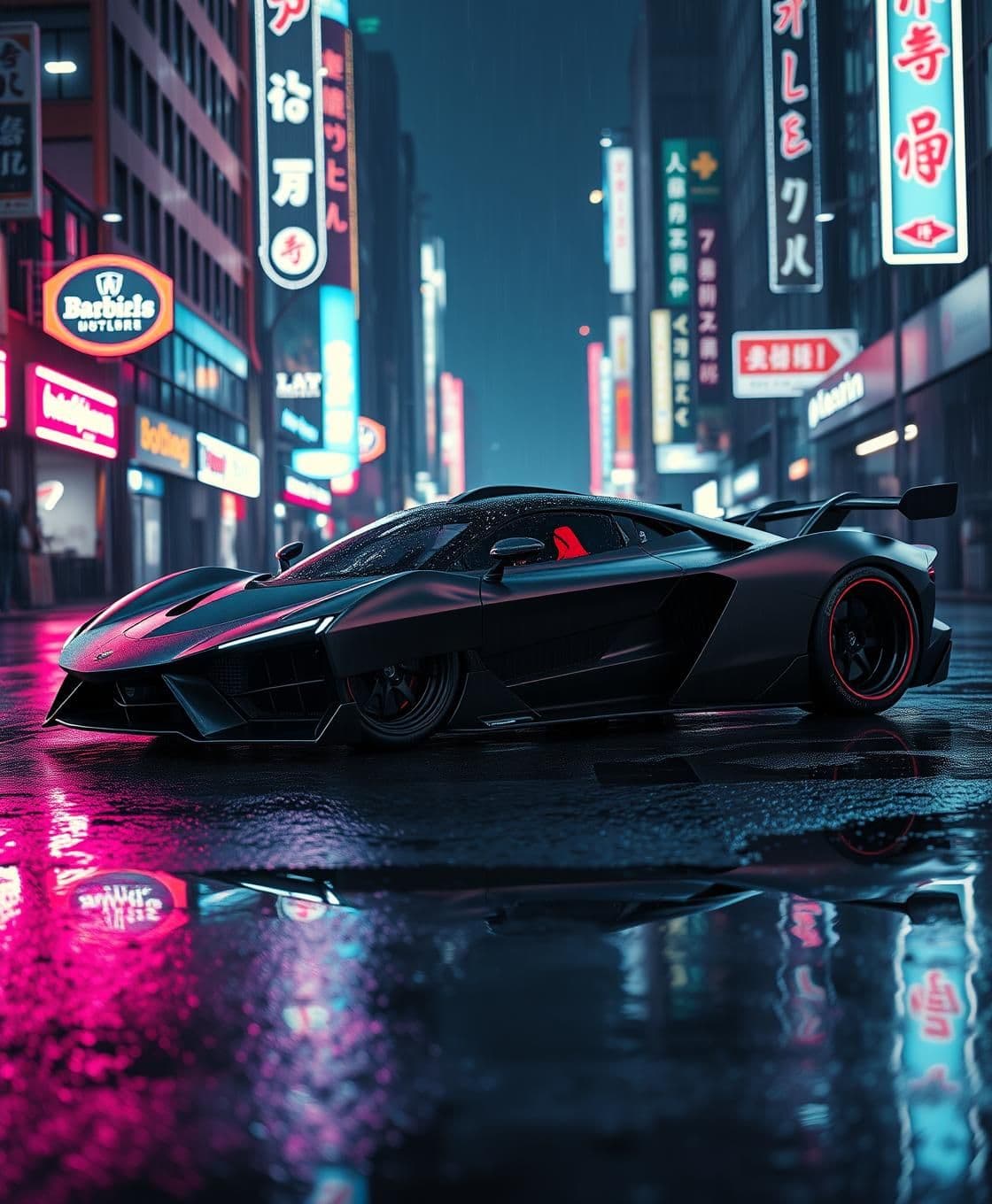AI generated: A matte black hypercar, parked on the wet asphalt of a futuristic cyberpunk city street at night, reflections of neon signs shimmering on its body, cinematic atmospheric lighting,