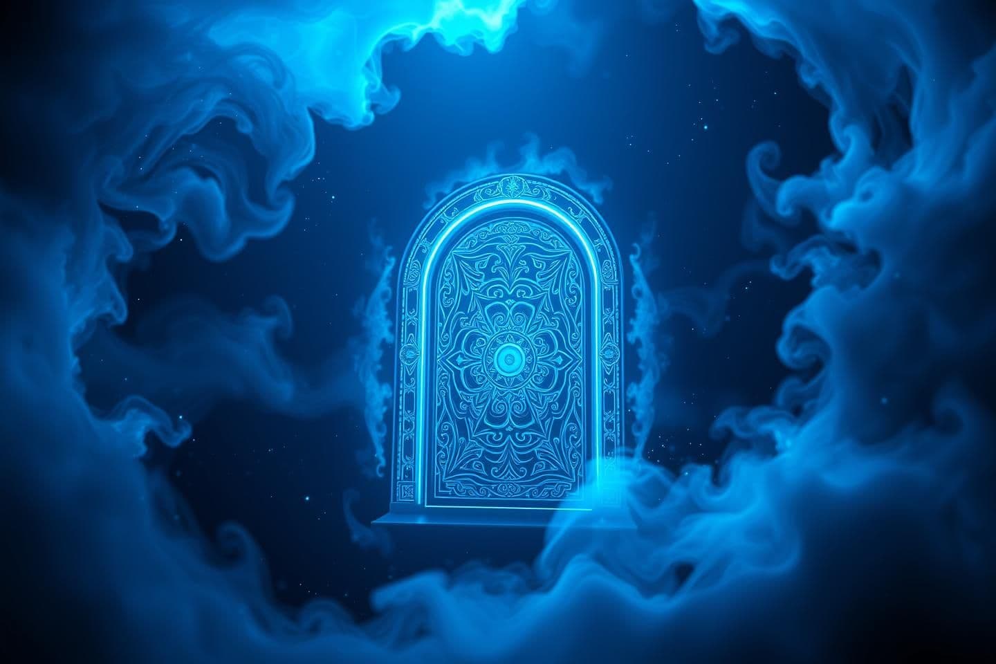 AI generated: A glowing blue magical door floating in a dark void, surrounded by swirling particles of light, soft blue energy mist, dream-like atmosphere, ancient mystical patterns engraved on
