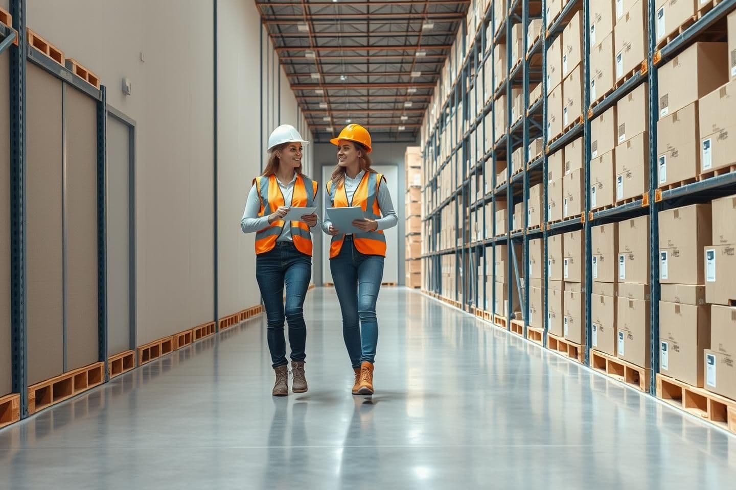 AI generated: “Generate a high‑resolution, photo‑realistic image of a modern warehouse aisle. The camera is at eye level, looking down a wide walkway. On the right side of the image, show tall s