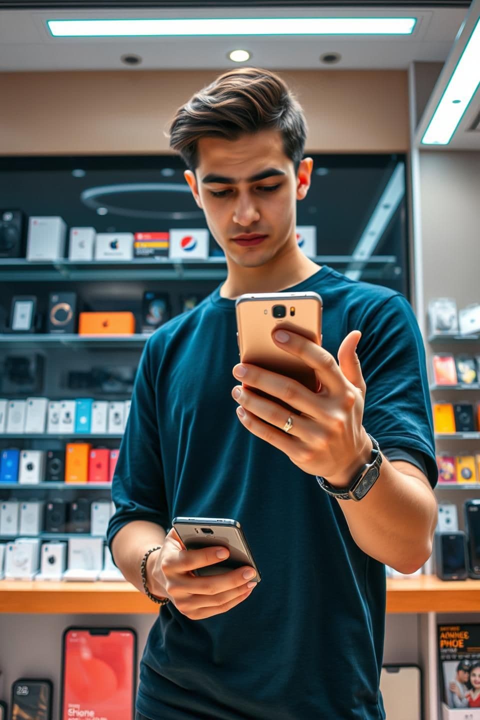 AI generated: "A 22-25 year old young man standing straight inside a modern mobile phone store, holding a sleek smartphone in both hands and attentively examining it, he slowly rotates the phone