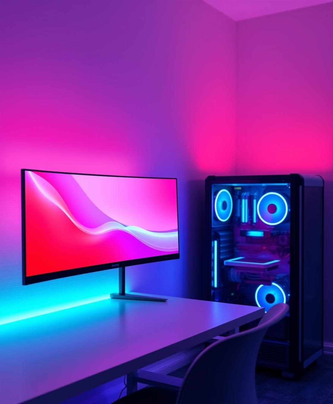 AI generated: A modern tech-youtuber style RGB setup background. A desk with two wide computer monitors glowing in red and pink gradient light on the left side, and a PC cabinet on the right sid