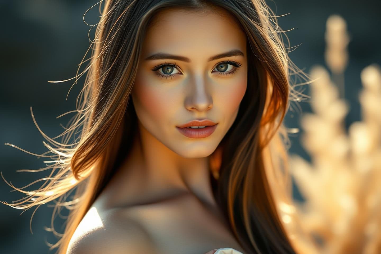AI generated: portrait of a beautiful woman in soft morning light, delicate expression, gentle gaze, long flowing hair, wearing an off-shoulder silky dress, natural makeup, warm glow, cinematic