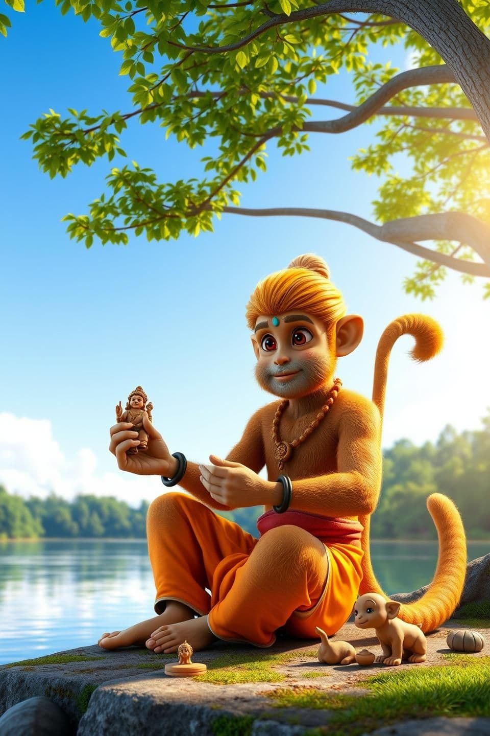 AI generated: 3D realistic scene of Bal Hanuman, an 8-year-old divine monkey boy, height 3.5 feet, athletic body covered with golden-brown fur, big expressive amber eyes, wearing orange dhoti, s