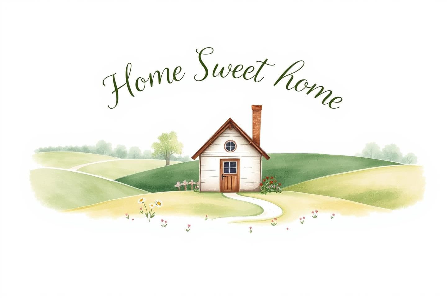 AI generated: A serene design capturing the essence of cottagecore with a whimsical touch, featuring a quaint, hand-painted country cottage surrounded by soft green fields and faded floral accen