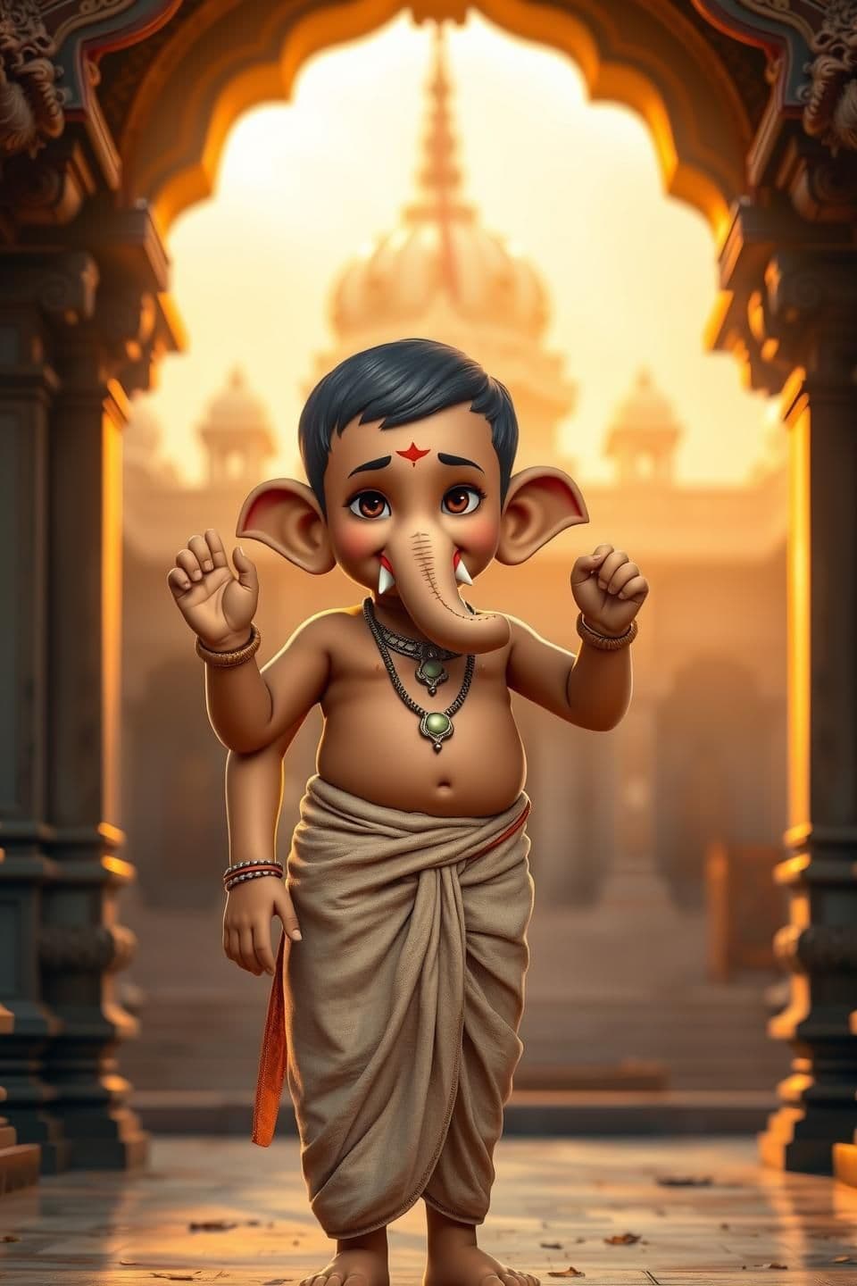 AI generated: 9:16 vertical realistic image of a young Indian boy representing Lord Ganesha in his childhood form, without elephant head. The boy has soft, round childlike features with dusky sk