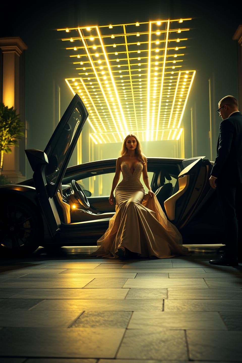 AI generated: Vertical 9:16 ultra realistic cinematic photo of a billionaire lady stepping out of a Lamborghini while a golden laser security grid activates in the air as the watchman opens the