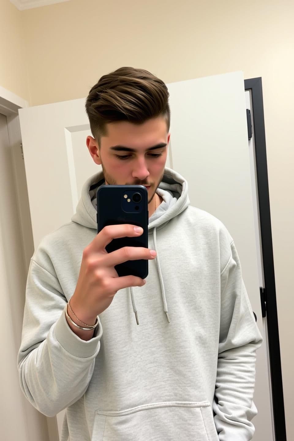 AI generated: A 20-year-old young man with a stylish haircut, wearing a casual light-colored hoodie, is taking a mirror selfie, He is looking down at his phone with a slight
pout, holding the ph