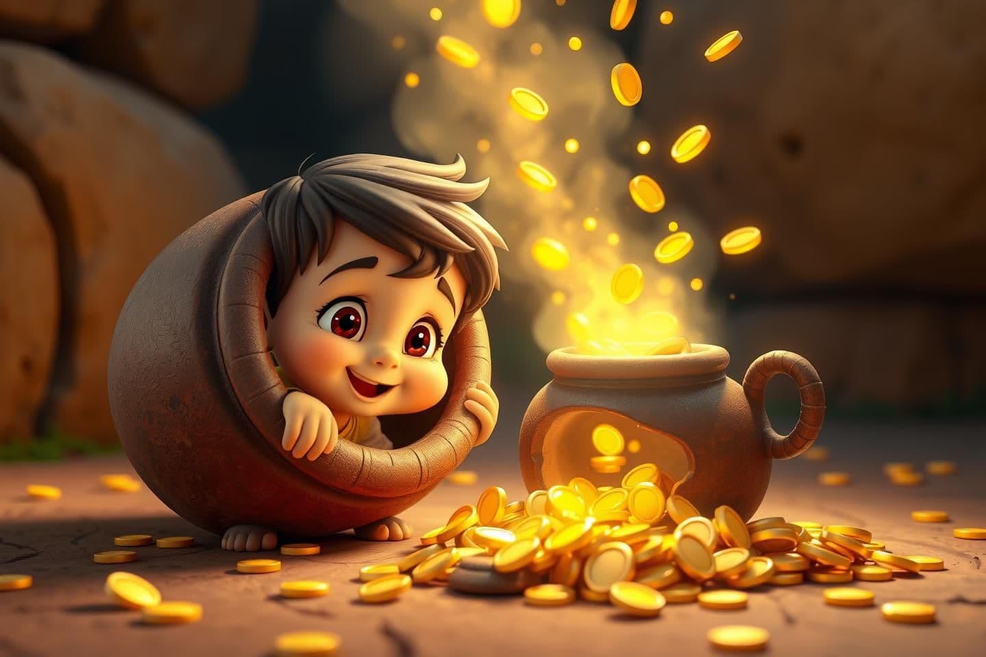 AI generated: IMPORTANT: Generate with all text in Hindi script only. Bright and attractive YouTube thumbnail. A 3D cartoon style (like Pixar). The scene features a small, happy, and curious boy