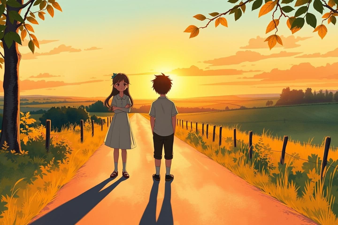 AI generated:
“A Ghibli-style illustration of a couple standing on a quiet countryside road during sunset. The girl stands on one side of the road, gently smiling with sadness, while the boy lo