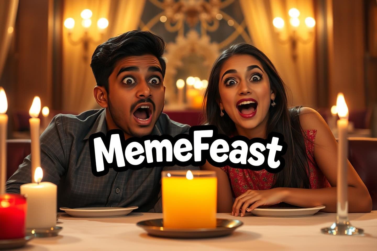 AI generated: A young Indian couple (guy on left, girl on right) sitting at a romantic candle-lit restaurant table on their first date, both with extremely shocked, wide-eyed, mouth-open hilario