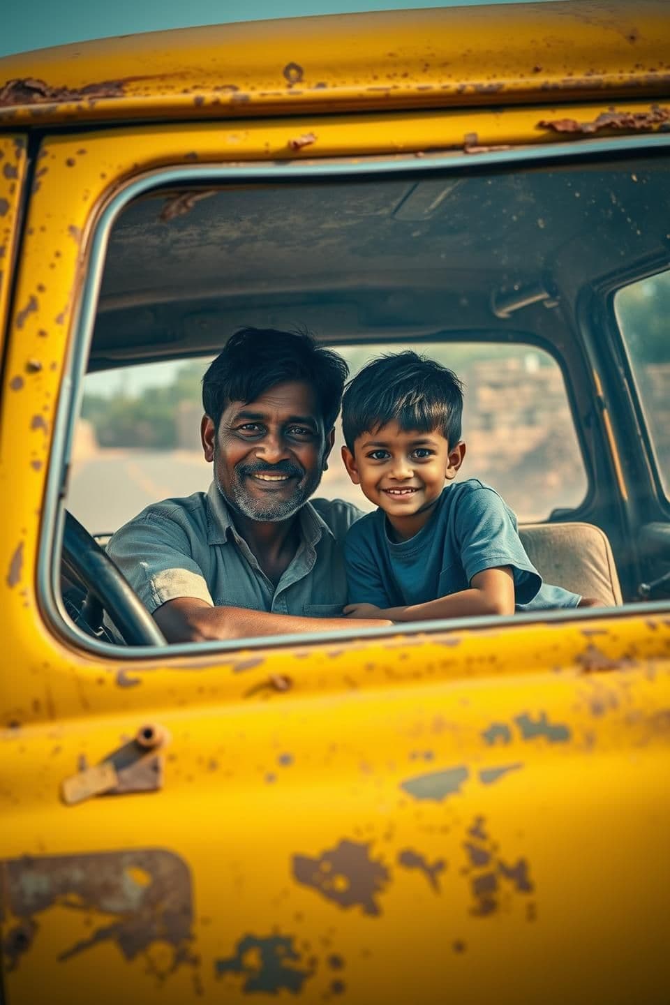 AI generated: Cinematic shot of a very old, rusty, and broken-down faded yellow hatchback, captured from a low three-quarters angle on the passenger side as it drives down a dusty Indian road. T