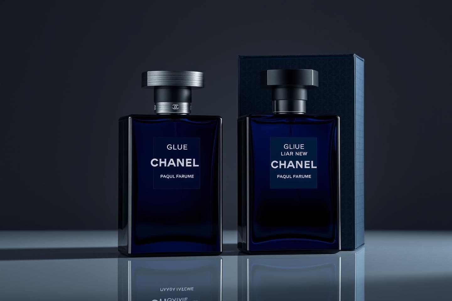 AI generated: Create an original luxury perfume bottle and packaging design inspired by the elegance and depth of midnight blue fragrances. The bottle should be rectangular with clean, sharp edg