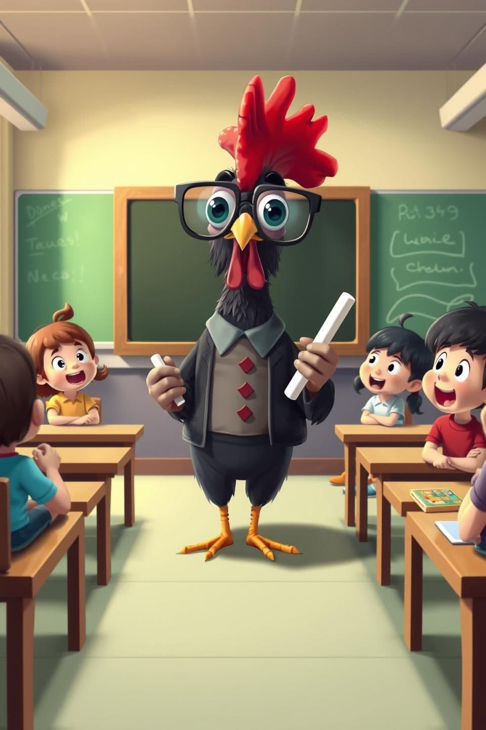 AI generated:
“a funny rooster wearing glasses and teacher clothes, standing in front of a blackboard, holding a chalk, inside a classroom, 8–10 kids sitting on benches looking shocked and laug