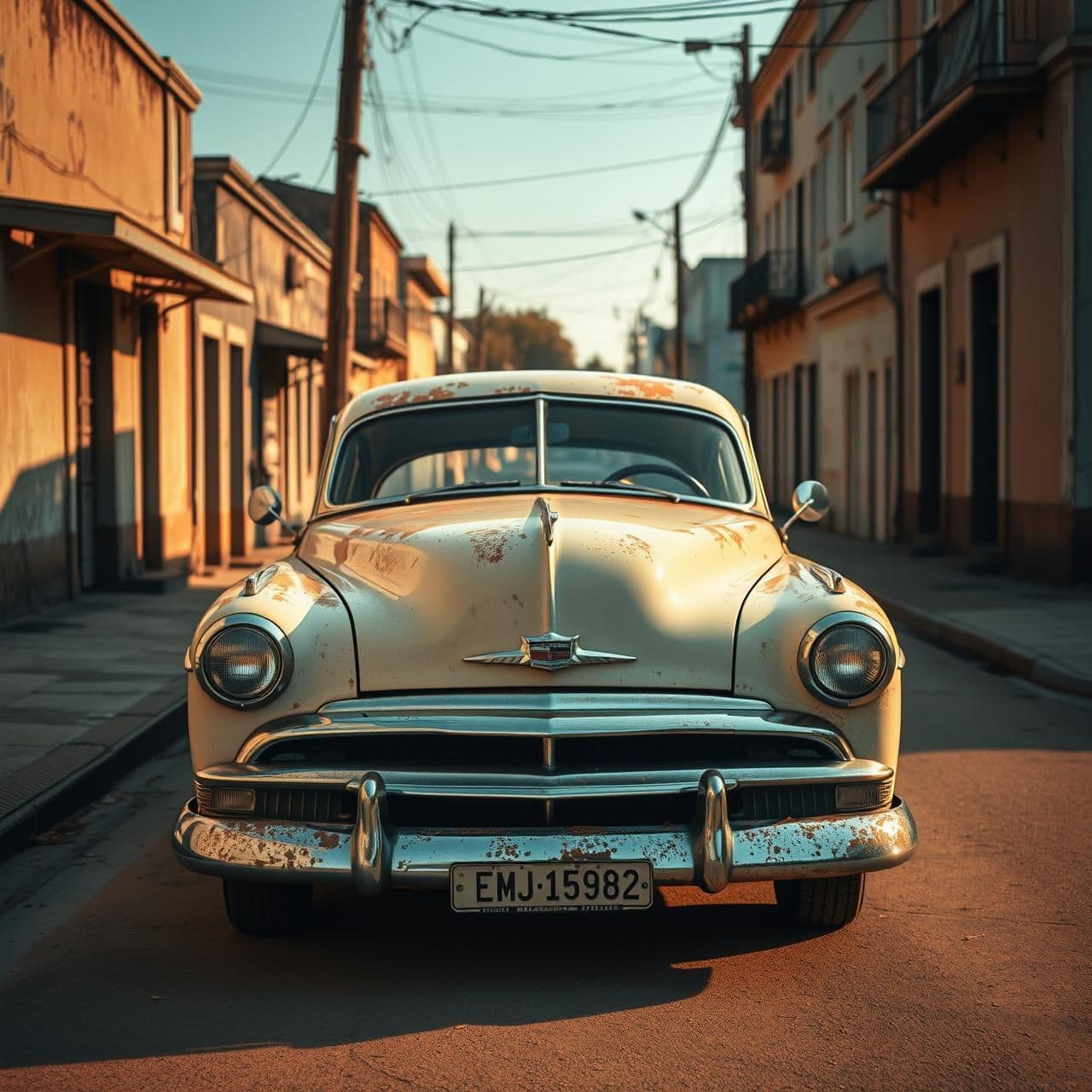 AI generated: “A beautifully aged vintage car parked on a quiet old street, faded paint, light rust texture, chrome details shining softly, nostalgic 1950s vibe, warm golden-hour sunlight, cinem