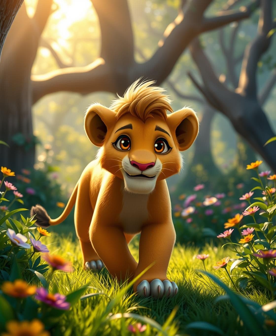 AI generated: IMPORTANT: Generate with all text in Tamil script only. A young lion is walking through the thickets of a lush forest. The lion always has a smile on his face, a small beard and a