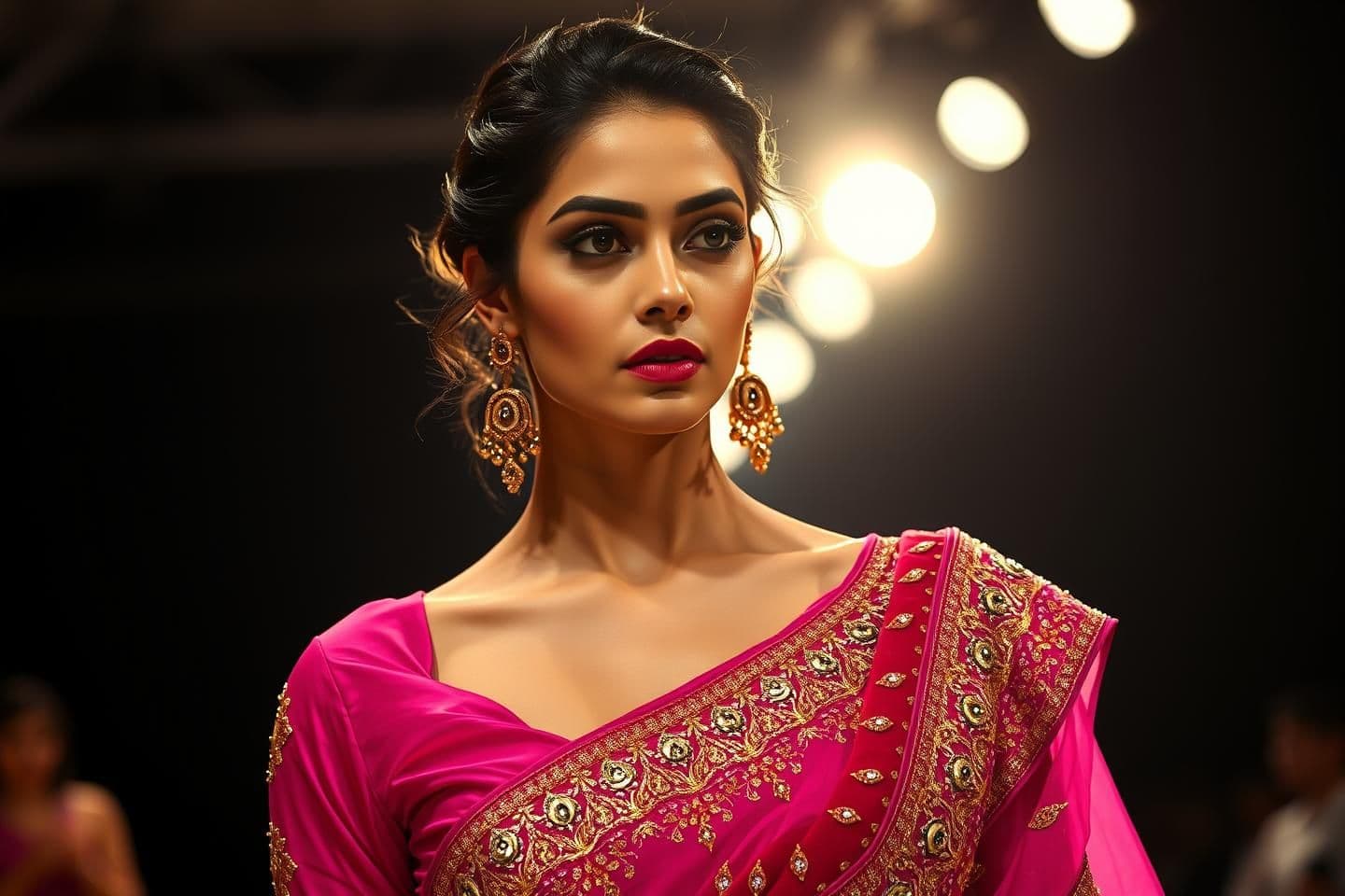AI generated: Cinematic, high-contrast editorial portrait of a beautiful kajol devgan captured mid-walk on a fashion runway; she wears a vibrant rani pink choli blouse intricately embellished wi