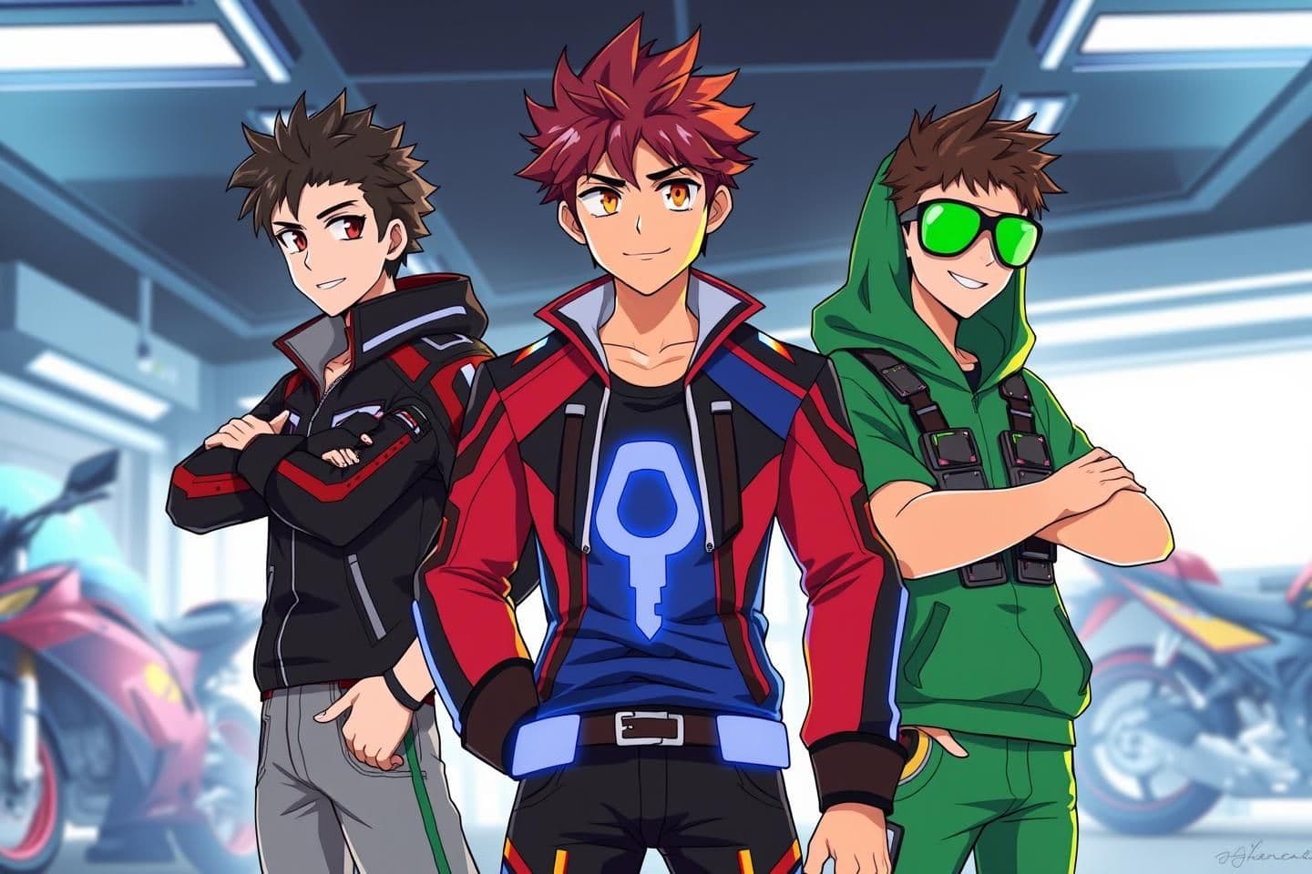 AI generated: "Anime character lineup art, clean style. Three teenage boys as heroes: 1. AYAN (central leader): wears a red and black biker jacket, glowing orange eyes, has a motorcycle key symb
