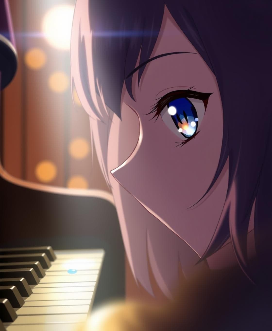 AI generated: Frame 2 – Awakening Emotion (0:08–0:15)
Close-up of her eyes glistening under the stage light. A single tear reflects the piano keys. The background blurs softly in warm amber lig