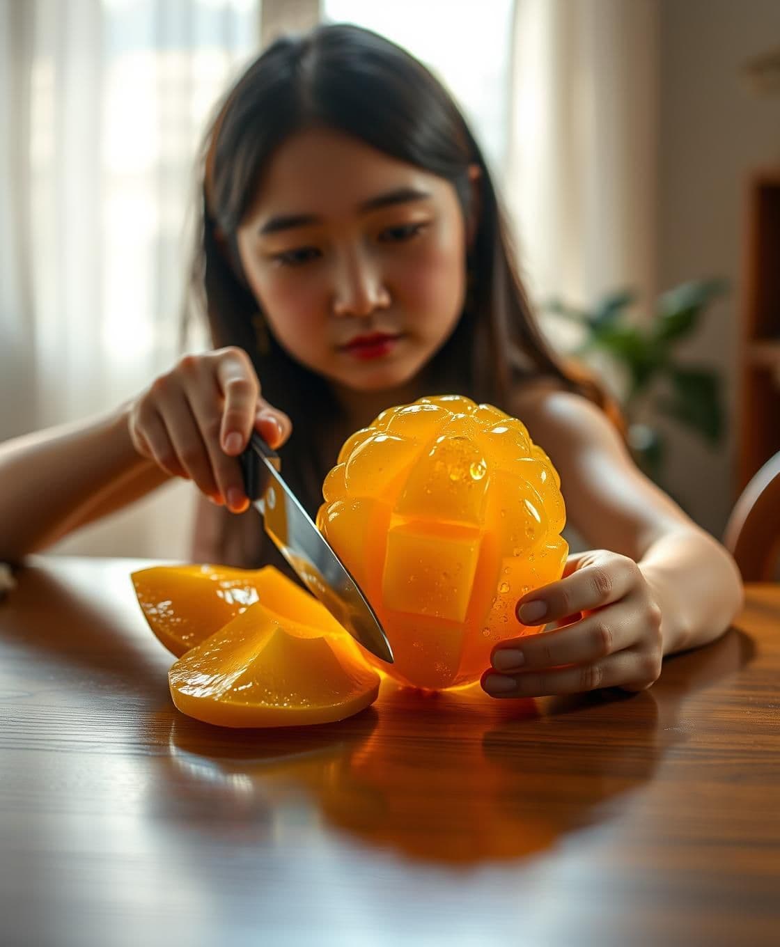 AI generated:
🎨 English Prompt (for AI image generation):
> Ultra-realistic 8K ASMR fruit cutting scene — a beautiful girl sitting at a wooden table under soft studio lighting, holding a tran