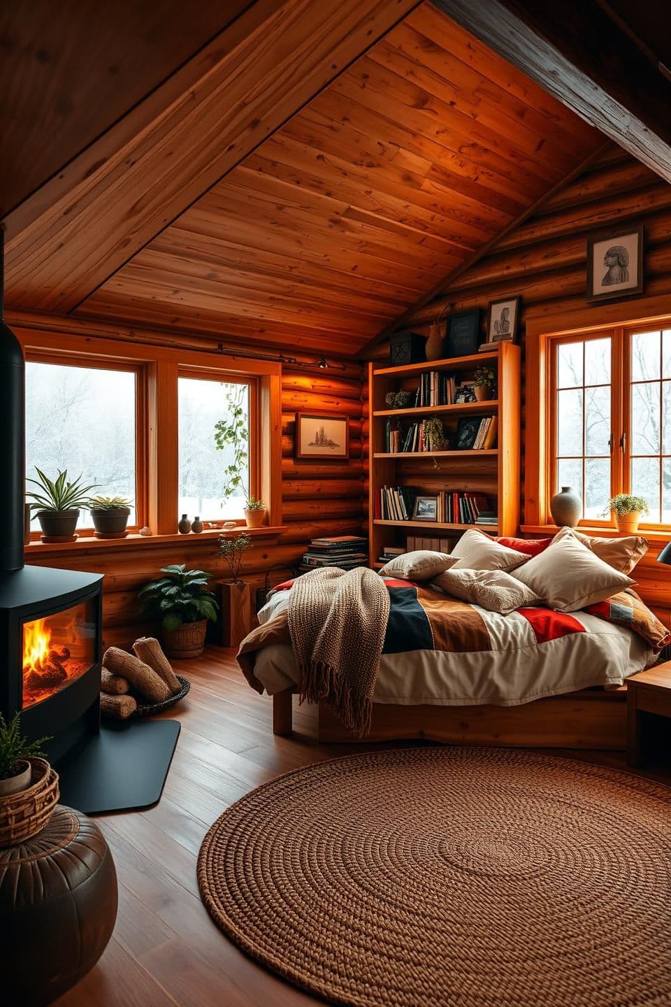 AI generated: A cozy, warmly lit wooden cabin bedroom interior during a snowy winter night. The room features slanted wooden beam ceilings and walls with a rustic, log-cabin texture. Large frost