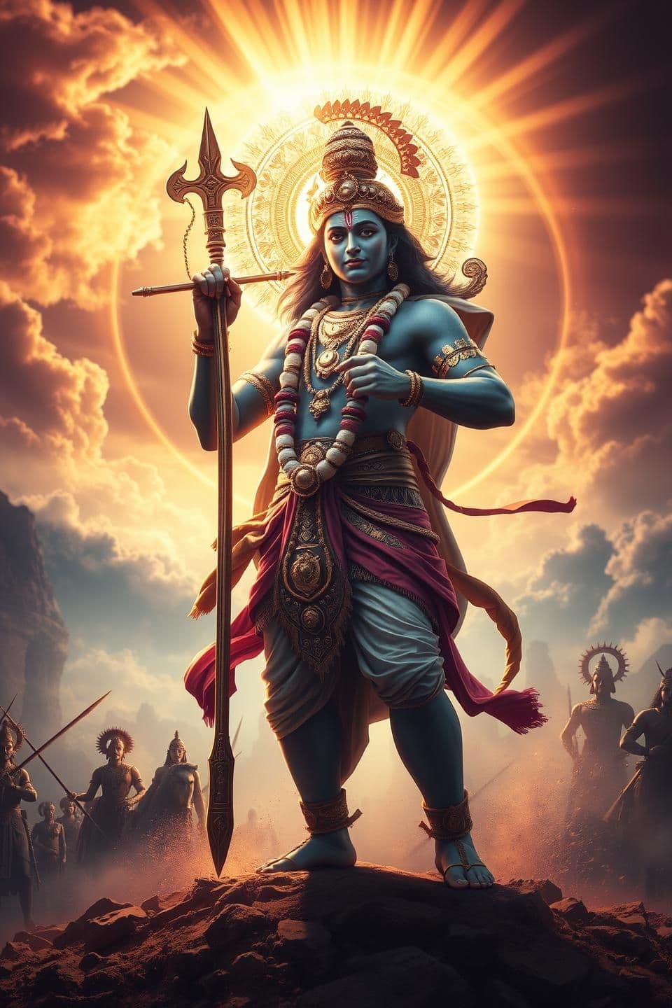 AI generated: “Epic digital artwork of Lord Krishna as the charioteer of Arjuna, standing on the battlefield of Kurukshetra, Sudarshan Chakra glowing behind him, dynamic energy swirling, golden